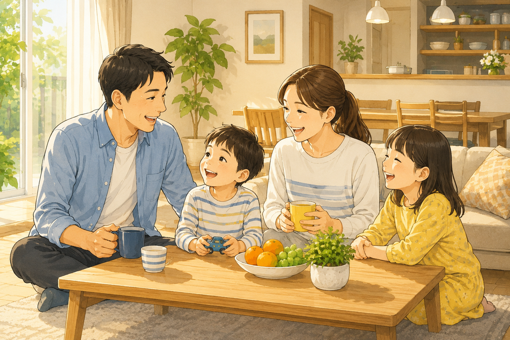 陽だまりのリビングで家族団らん